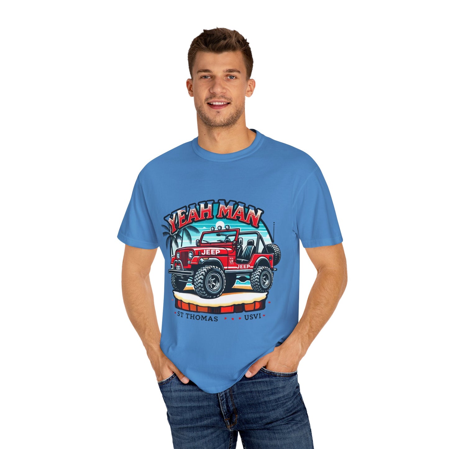 Unisex Garment-Dyed T-Shirt - Vintage Jeep "Yeah Man" Design | Perfect for Travel Enthusiasts & Casual Wear