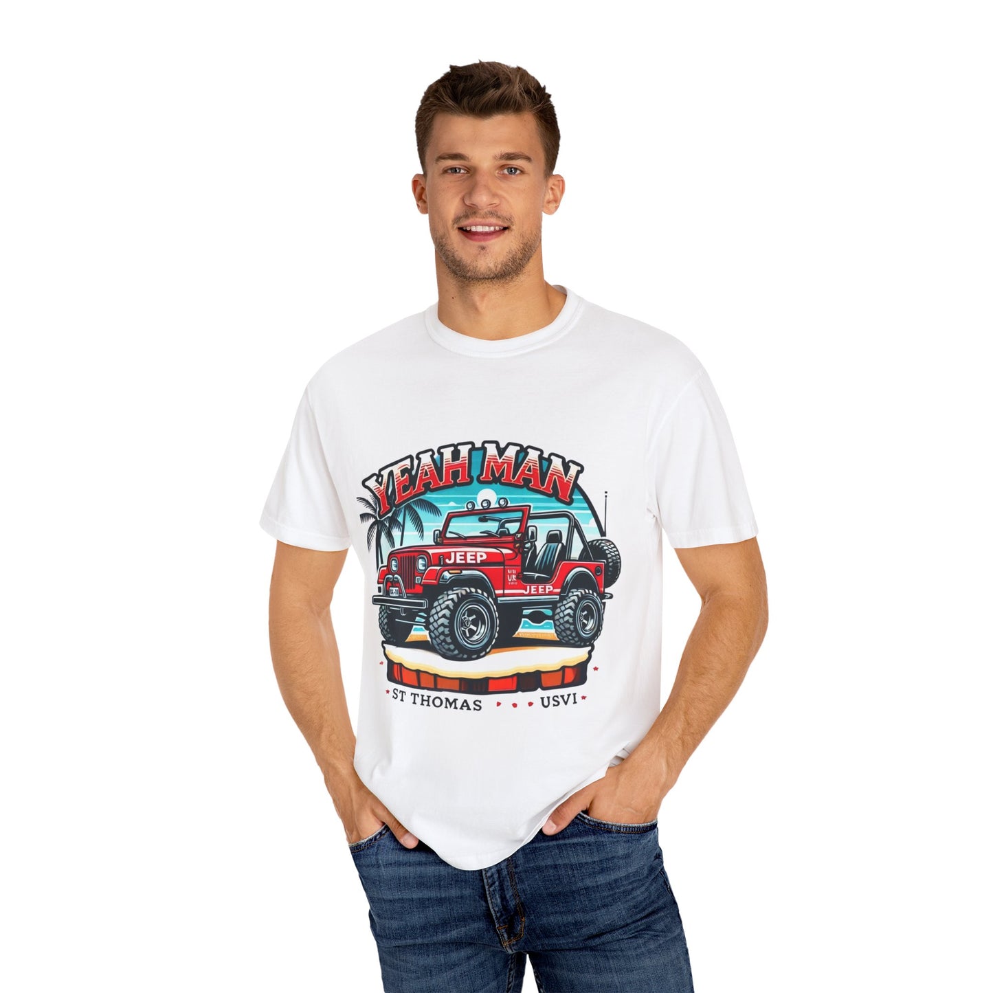 Unisex Garment-Dyed T-Shirt - Vintage Jeep "Yeah Man" Design | Perfect for Travel Enthusiasts & Casual Wear