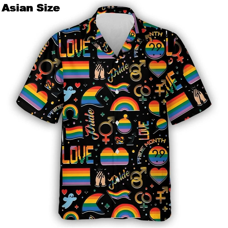 Pride Shirt For LGBTQ Community Rainbow Flag Hawaiian Shirts Short Sleeve Summer Beach Shirts 2025 LGBT Unisex Lapel Blouse Tops